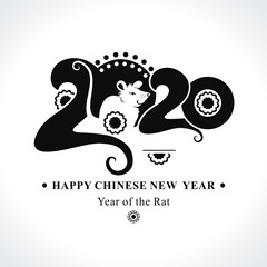Black template 2020 with a cute cartoon rats. Chinese New Year of the Rat. Happy New Year. Wise Rat 2020. New Year on the Chinese calendar.