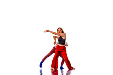 Fototapeta na wymiar Stunning couple dancing in studio, portrait