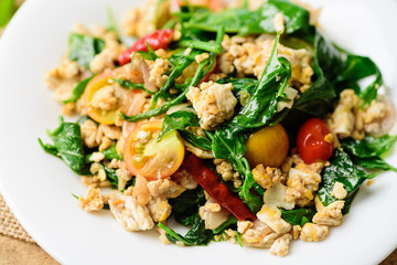 Northern Thai food (Pad Pak Chiang Da), stir fried gurmar leaf with egg