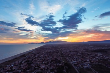 Aerial view of sunset on the beach. Itanhaém, São Paulo, Brazil. Great landscape