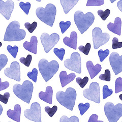 Seamless pattern with hand-drawn watercolor blue and lilac hearts on a white background. Valentine's day texture for design of wrapping paper, postcards, fabric and other souvenir products
