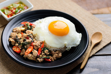Thai food (Pad Kaprao Moo Kai Dao), stir-fried holy basil with minced pork and fried egg