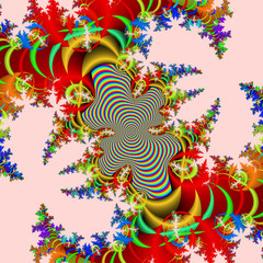 Red gold green abstract background with flowers and butterflies