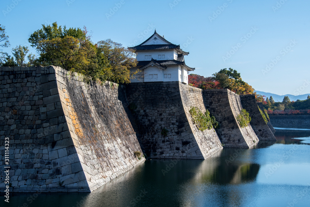 Poster fortification and ditch water around osaka castle for protection