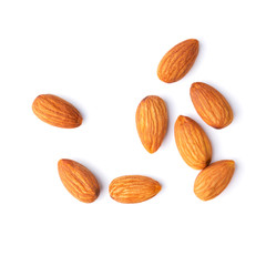 almond full pieces lay on white isolated Color grade Full depth of field.