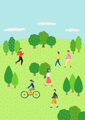 サイクリング　ウォーキング　ランニングする人々　公園　自然