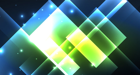 Neon glowing techno square rectangle lines, blue hi-tech futuristic abstract background