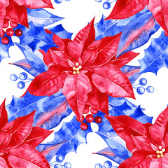 Christmas Poinsettia seamless pattern. Winter watercolor background. Hand painted Illustration