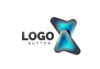 Arrow logo template. Or play or download button logotype template. Minimal geometrical design, 3d geometric bold symbol in relief style with color blend steps effect. Vector Illustration