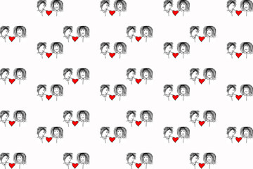 Seamless pattern line cartoon drawing of teen couple on white