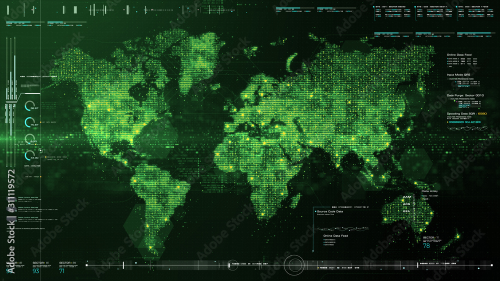 Poster Futuristic global 5G worldwide communication via broadband internet connections between cities around the world with matrix particles continent map for head up display background