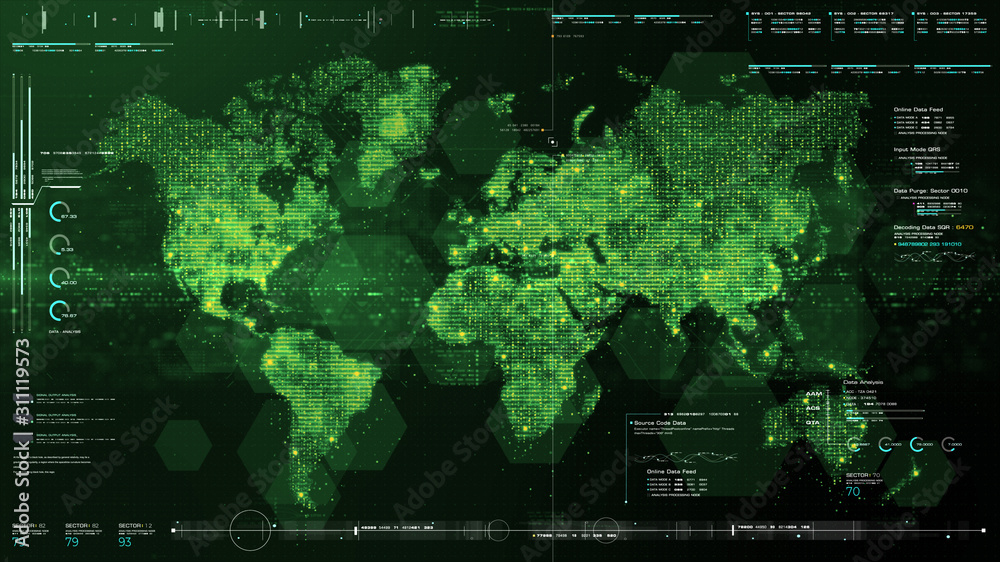 Fototapete Futuristic global 5G worldwide communication via broadband internet connections between cities around the world with matrix particles continent map for head up display background