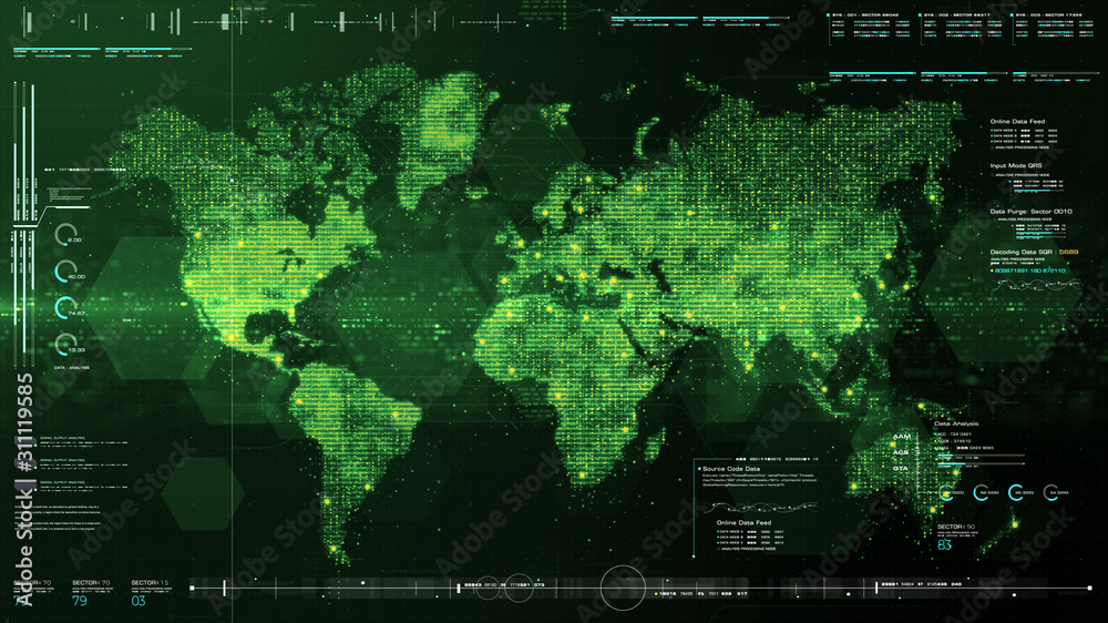 Poster Futuristic global 5G worldwide communication via broadband internet connections between cities around the world with matrix particles continent map for head up display background