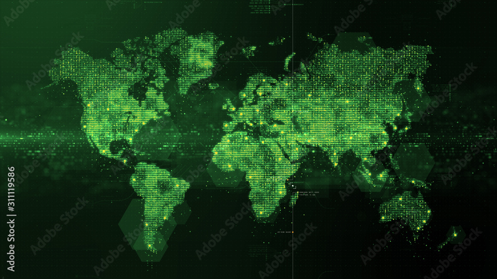 Poster Futuristic global 5G worldwide communication via broadband internet connections between cities around the world with matrix particles continent map for head up display background