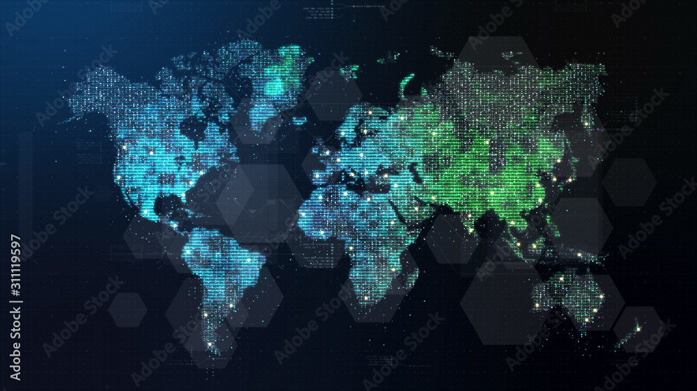 Poster Futuristic global 5G worldwide communication via broadband internet connections between cities around the world with matrix particles continent map for head up display background