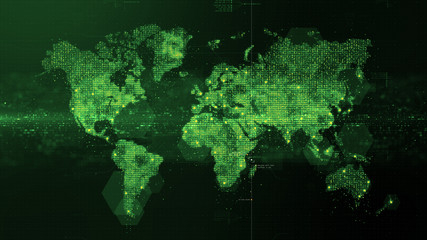 Futuristische globale 5G-weltweite Kommunikation über Breitband-Internetverbindungen zwischen Städten auf der ganzen Welt mit Matrix-Partikel-Kontinentkarte für Head-up-Display-Hintergrund © Kittiphat