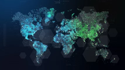 Foto op Plexiglas Futuristische wereldwijde 5G wereldwijde communicatie via breedband internetverbindingen tussen steden over de hele wereld met matrixdeeltjes continentkaart voor head-up display-achtergrond © Kittiphat