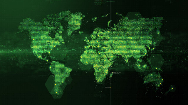 Fototapeta Futuristic global 5G worldwide communication via broadband internet connections between cities around the world with matrix particles continent map for head up display background