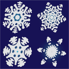 Kit of simple, beautiful snowflakes on blue background.