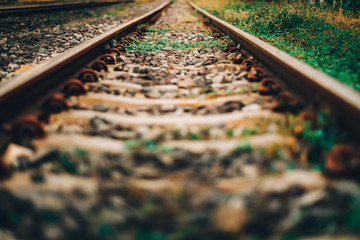 Close up railway track in the evevning , Vintage color concept , Railroad tracks