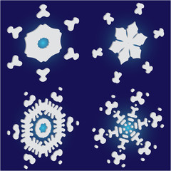 Kit of isolated  silhouettes of snowflakes on blue background.