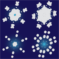 Set of isolated falling snowflakes on blue background.