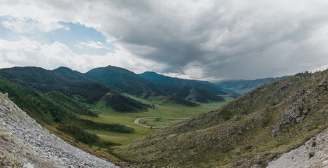 Mountain Altai panoramic view from the pass Chike Taman on the Chui tract