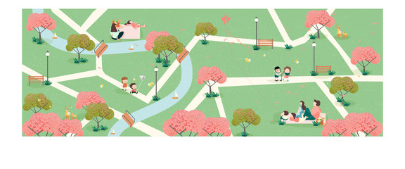 People relaxing in nature in spring time at the park.Wide panoramic of spring banner.Family outing to the park or picnic.Kid play kite,butterfly and apple flower blossom.People in spring concept.