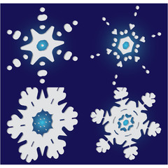 Set of christmas 3d snowflakes on blue background.