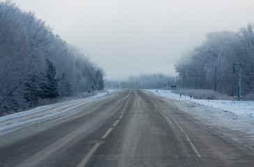Empty road near snowy woods