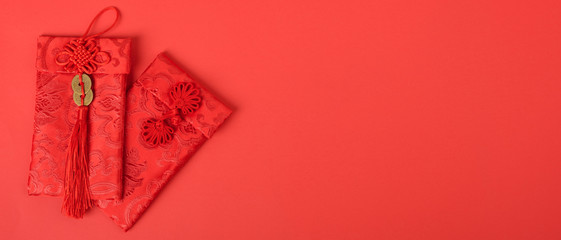 Chinese new year festival concept, flat lay top view, Happy Chinese new year with Red envelope