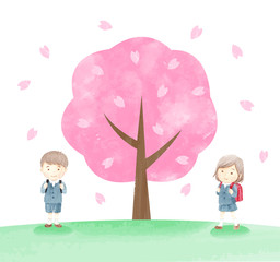 桜の木と制服姿の子ども