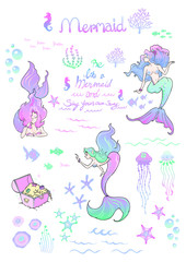 Mermaid and fish jellyfish and coral and typography with ocean marine life illustration doodle vector design for make stick set with white background