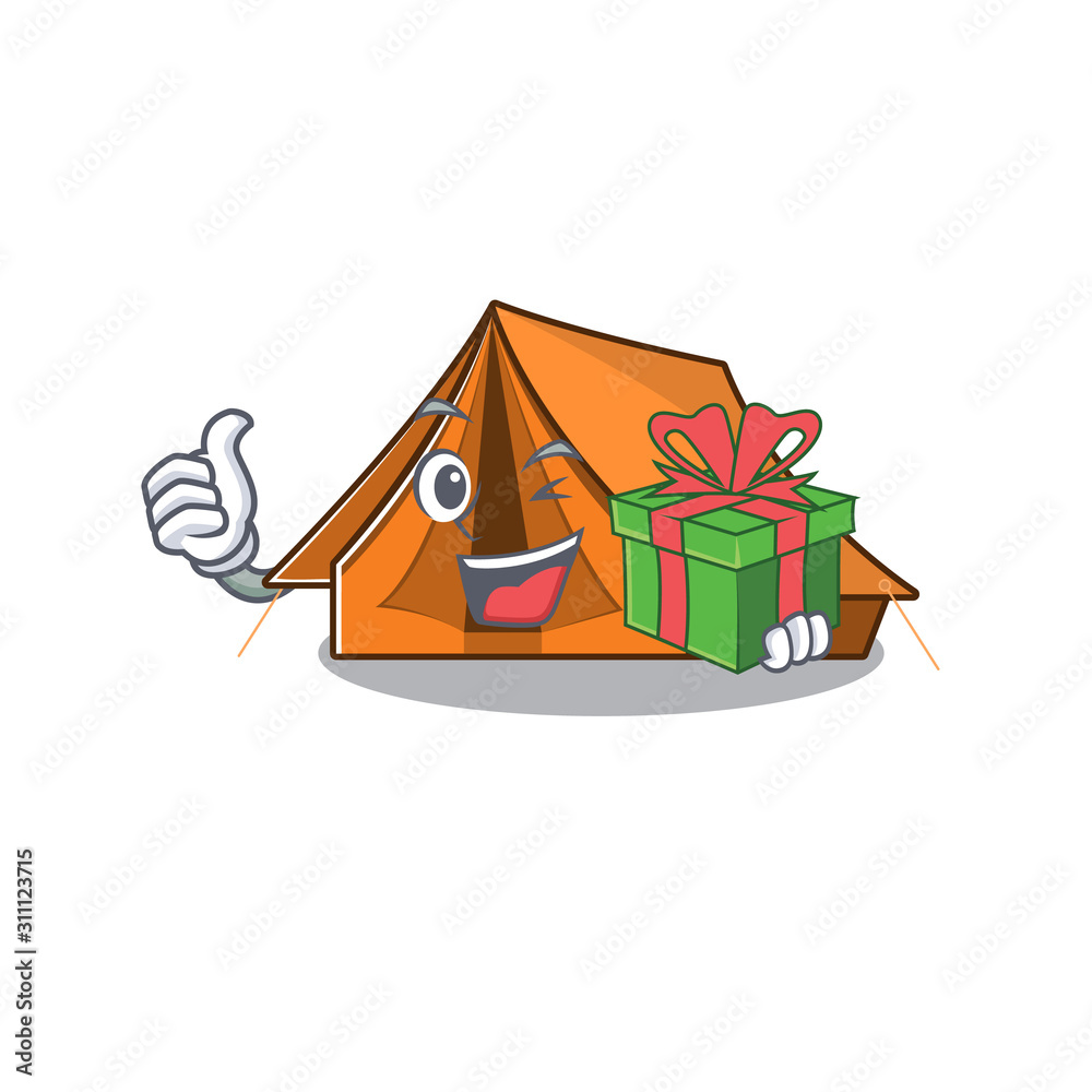 Wall mural happy face camping tent Scroll character with gift box