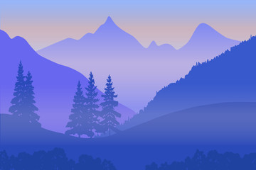 Fantasy on the theme of the evening landscape, sunset in the mountains, vector illustration, EPS10