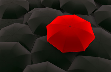 3d rendering of protection and security concepts. Red umbrella with black umbrellas on black background. Standing out from the crowd. Horizontal composition with copy space.