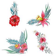 Set of 4 summer colorful tropical flowers. Floral botanical flower set isolated on white background. Hand drawn vector collection. Botanical Hawaii nature. Tropical palm icon. Hawaiian illustration