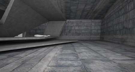 Abstract architectural concrete interior of a minimalist house with swimming pool. 3D illustration and rendering.