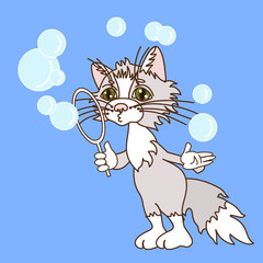 emoticon with a cool cat that stands and blows bubbles, color vector clip art on blue isolated background