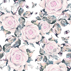 Watercolor seamless pattern of roses and bumblebees 