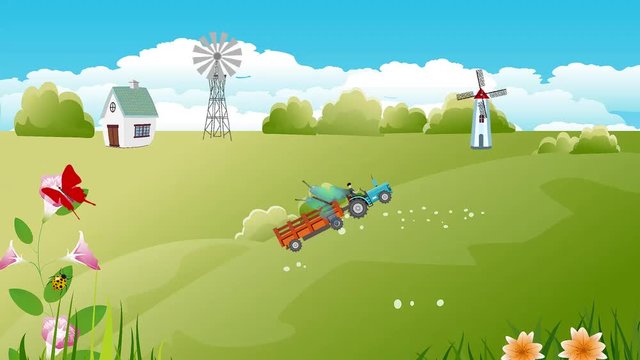 Summer green hills video, countryside green fields, 2d animation