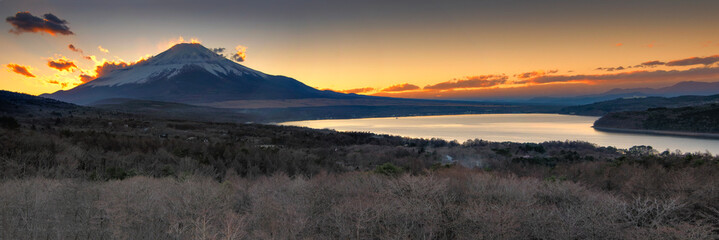 Fuji mountain at sunset from Panoramadai Viewpoint at Lake Yamanaka , Japan

