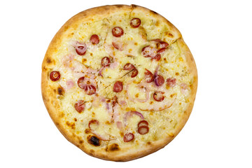 Delicious fresh pizza with sausage, red onion and cheese isolated on white background