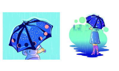 girls with an umbrella, a beautiful girl with an umbrella in the rain, autumn season, the constellations and phases of the moon are depicted on an umbrella, a young girl is holding an umbrella with mo