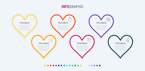 Infographic template. 6 hearts design with beautiful colors. Vector timeline elements for presentations. Warm palette.