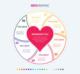 Infographic love template. 6 steps design with beautiful colors. Vector infographic elements for presentations. Warm palette.