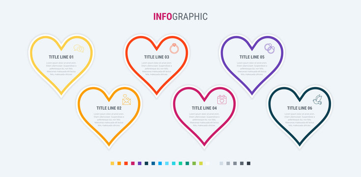 Infographic template. 6 hearts design with beautiful colors. Vector timeline elements for presentations. Warm palette.