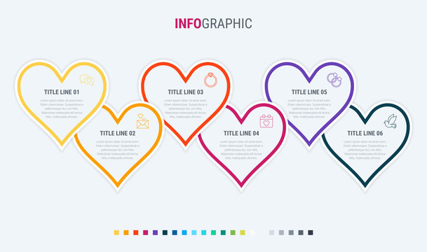 Vector infographics timeline design template with hearts elements. Content, schedule, timeline, valentines day, mothers day, flowchart. 6 steps infographic. Warm palette.