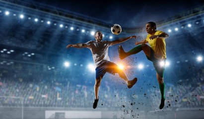 Soccer players at stadium. Mixed media