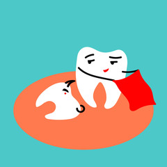 Sleeping wisdom tooth as a bull with a torreodor. Dental problem concept humor vector illustration.